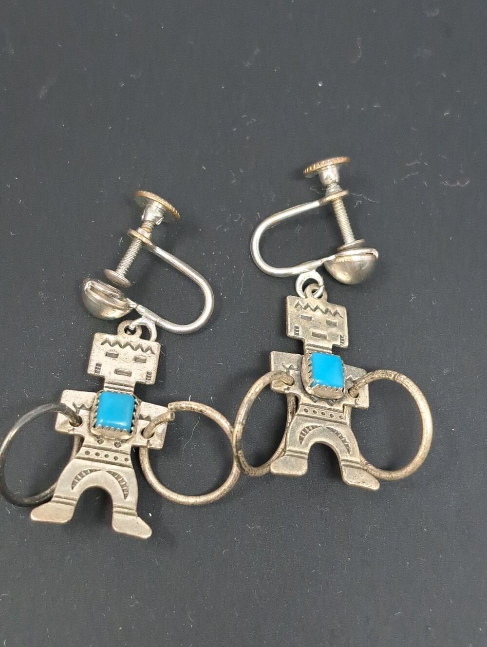 Vintage Native American Sterling Kachina Turquoise Screwback Earrings